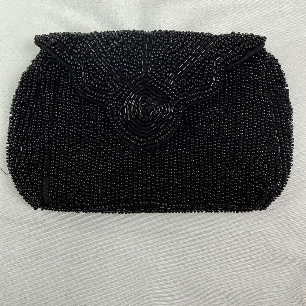 Vintage Black Beaded Clutch Evening Bag with Hand Strap and Mirror 6x4